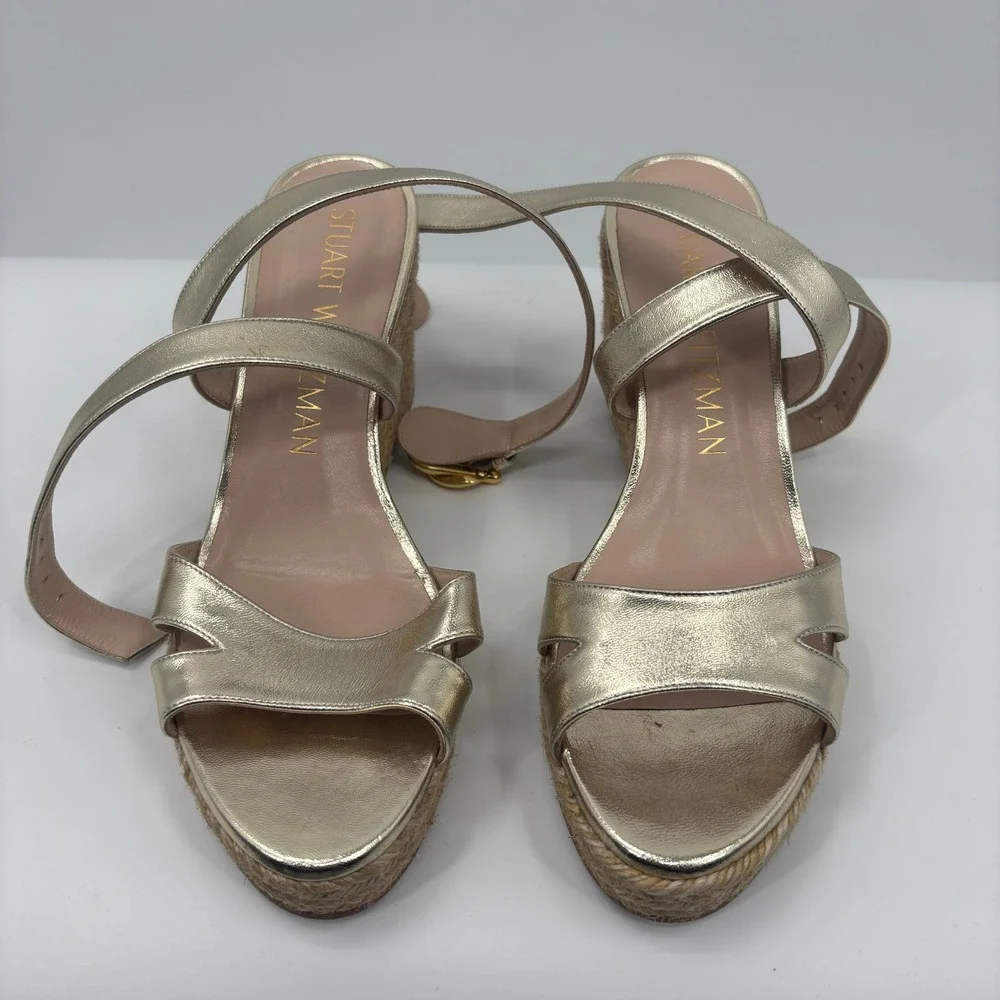 Stuart Weitzman Metallic Gold Leather Espadrille Strappy Wedge Sandals Womens 9